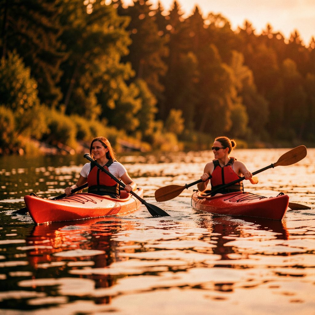 A wooden kayak resting on a grassy riverbank beside calm green water, warm golden light, a peaceful and adventurous mood