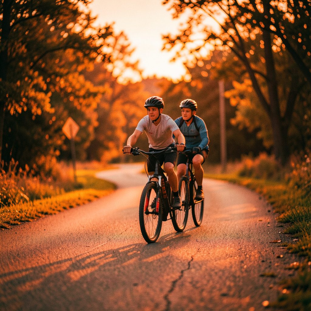 A mountain bike leaning against a wooden fence post along a forested gravel trail, earthy browns and greens, a rugged outdoor mood