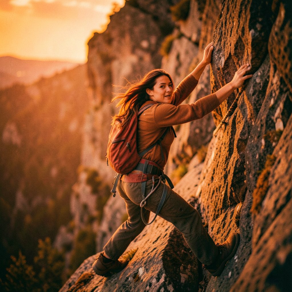 Climber gripping a textured rock face in warm afternoon light with a softly blurred forest backdrop, golden hour tones.