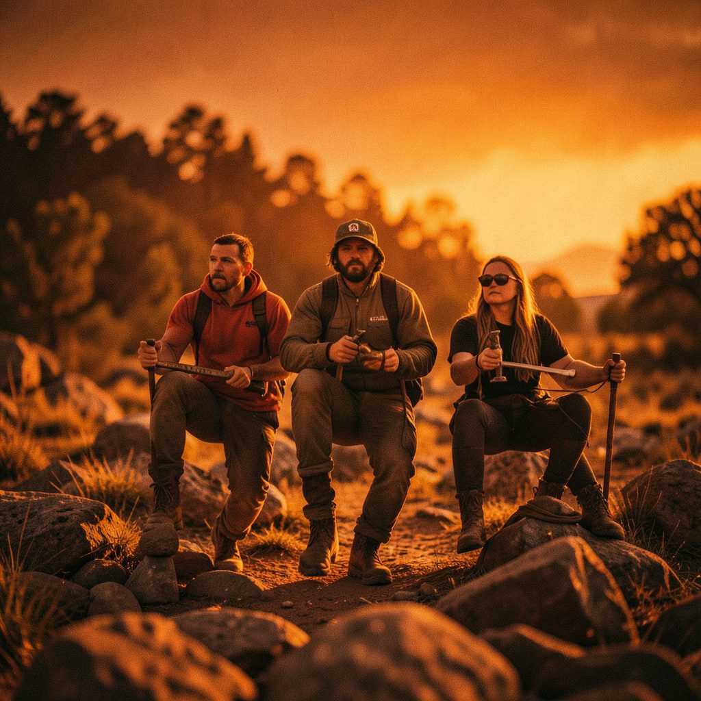 Outdoor adventure team on a forested Pennsylvania ridge, warm late-afternoon light, wide cinematic frame